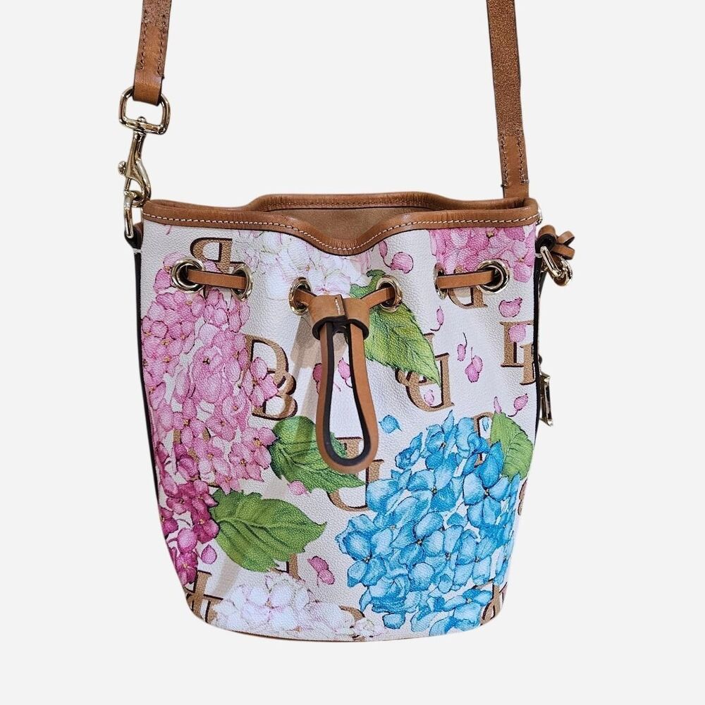 Dooney & Bourke Pink Blue Floral Drawstring Bucket Bag with Tan Trim